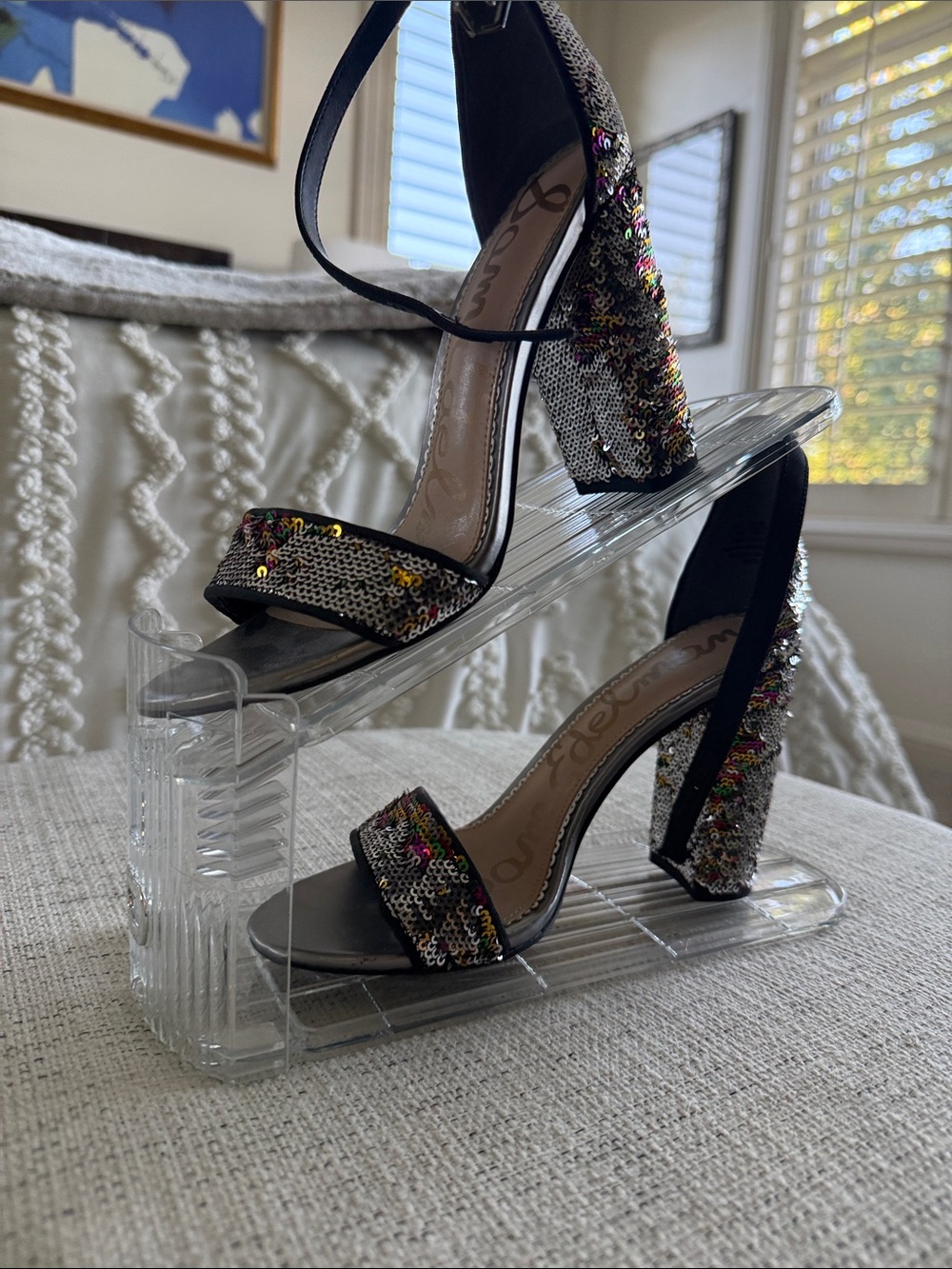 Sam Edelman Black Sequined Block Heel Sandals with Multicolor Accents